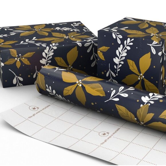 Hallmark Wrapping Paper Gold Poinsettias on Navy Blue 35 sq ft Roll Holiday Gift - Picture 3 of 6